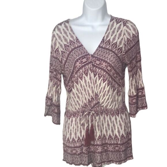 En Creme 3/4 sleeve purple & white rayon romper shorts size medium - Picture 1 of 9